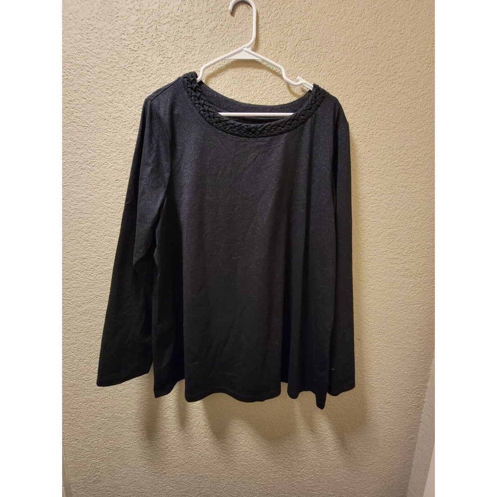 Charter Club Woman Shimmery Black Long Sleeve Blouse With Braded Neck Detail...
